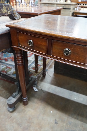 A Regency style mahogany bow front three drawer writing table, width 101cm, depth 61cm, height 76cm